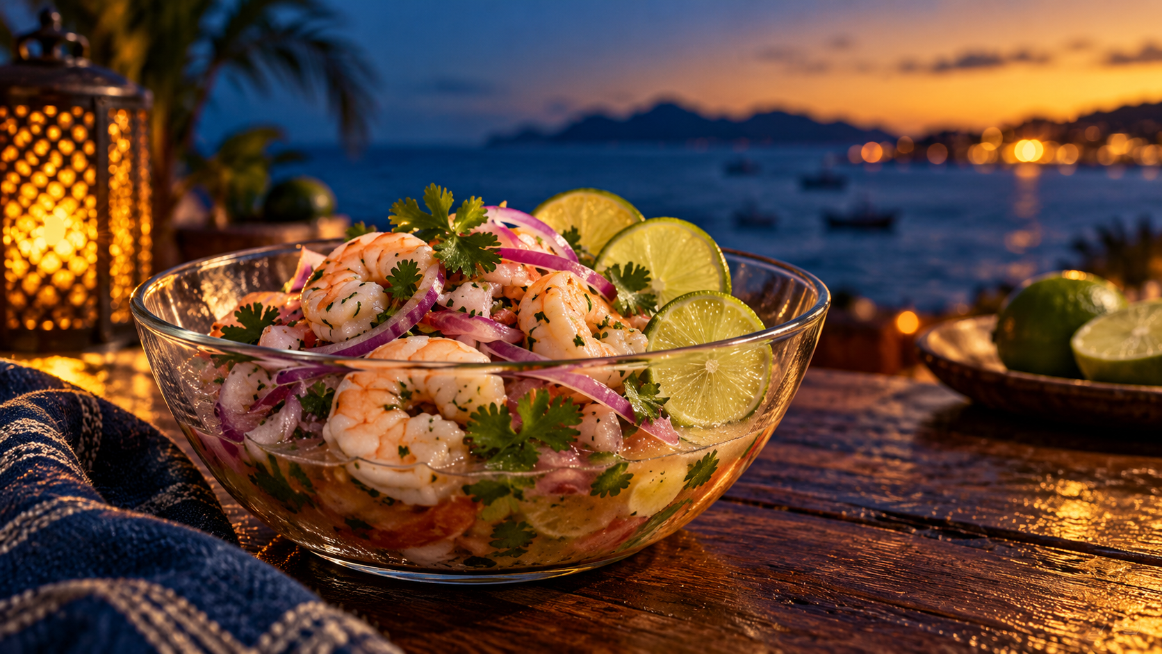 Illustrative photo of shrimp ceviche with red onion, cilantro and lime on a dark wood table