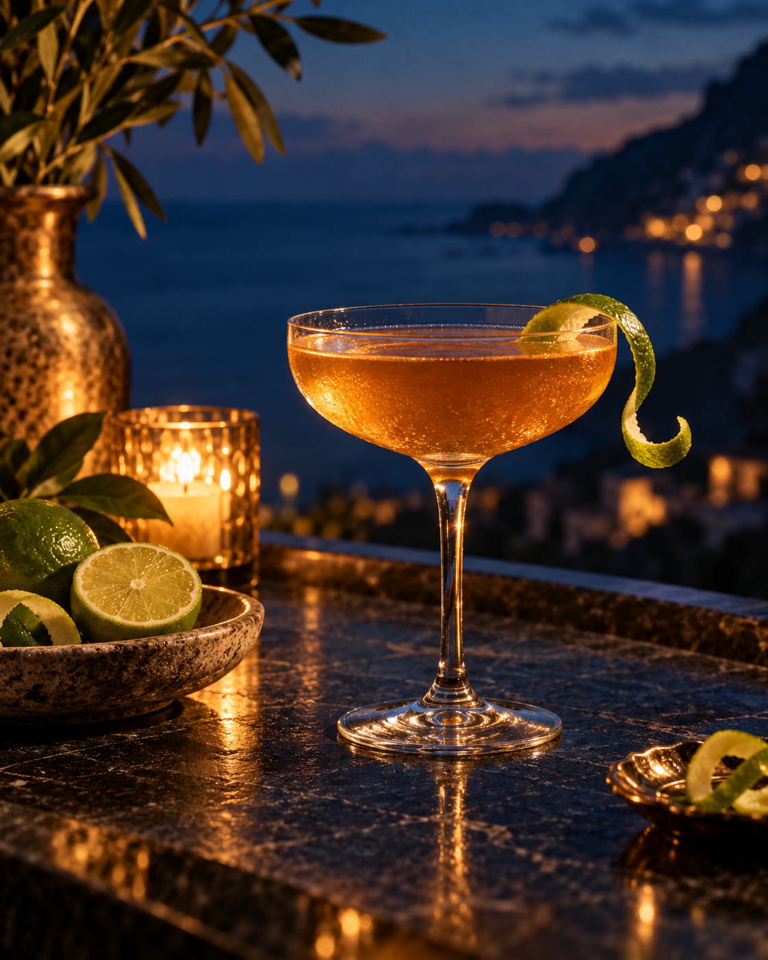 Illustrative photo of an amber cocktail with lime and candlelight on a dark bar counter